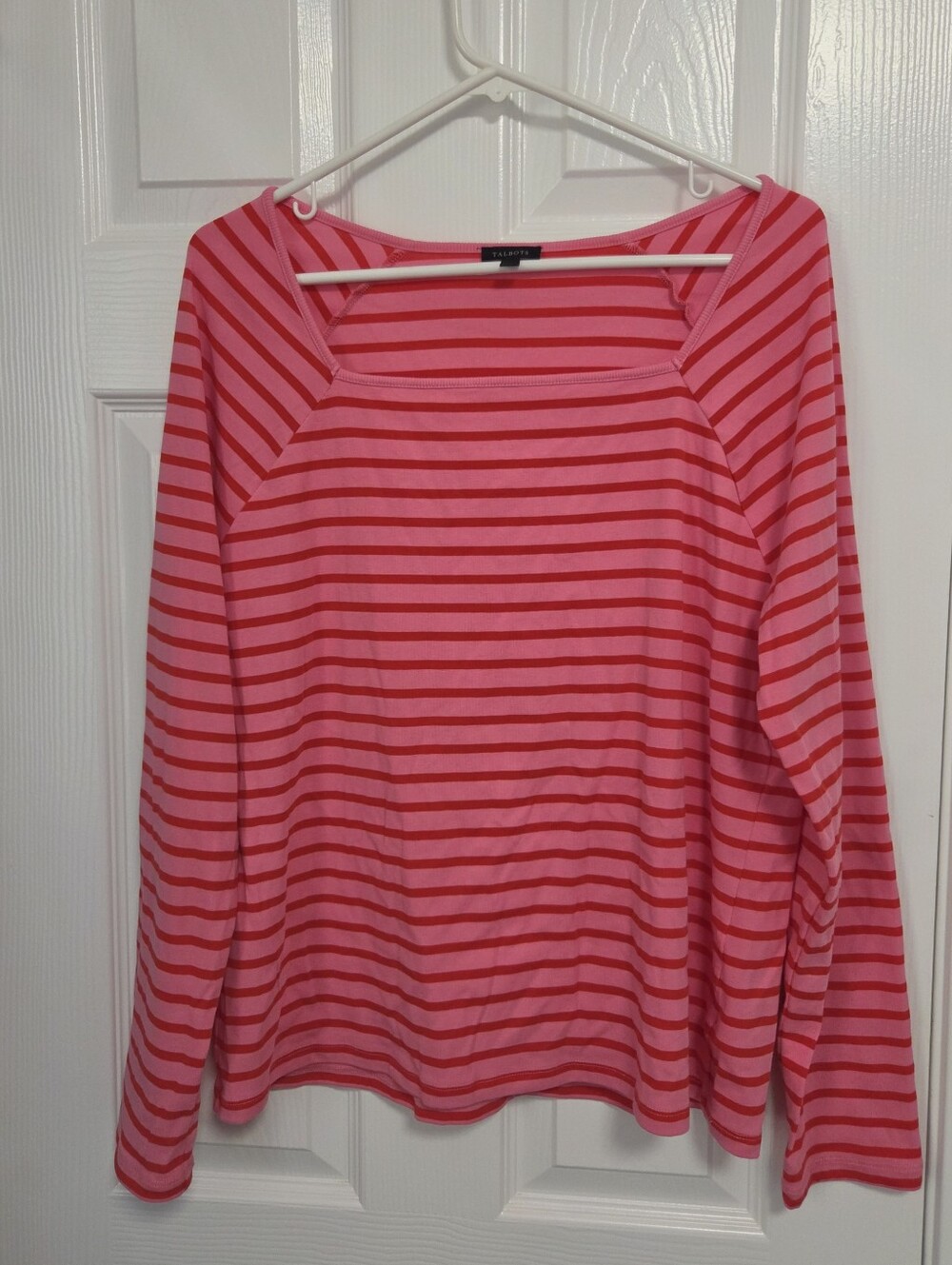 Talbots Square Neck Red & Pink Striped Long Sleeve Cotton Blend Pullover Top XL